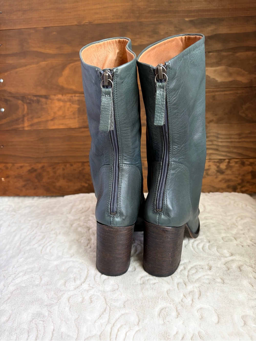 FREE PEOPLE Elle Block Heel Boots Sz 37 US 7 Teal Leather Slouch Leather Boho - Picture 12 of 16